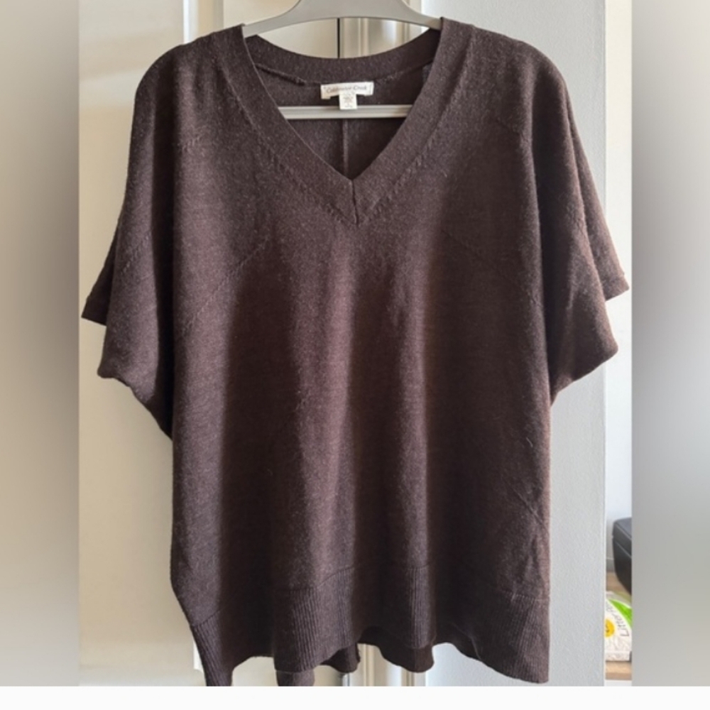Coldwater Creek Dark Brown Vneck Short SLEEVE PLEATED BACK WOOL SWEATER XL